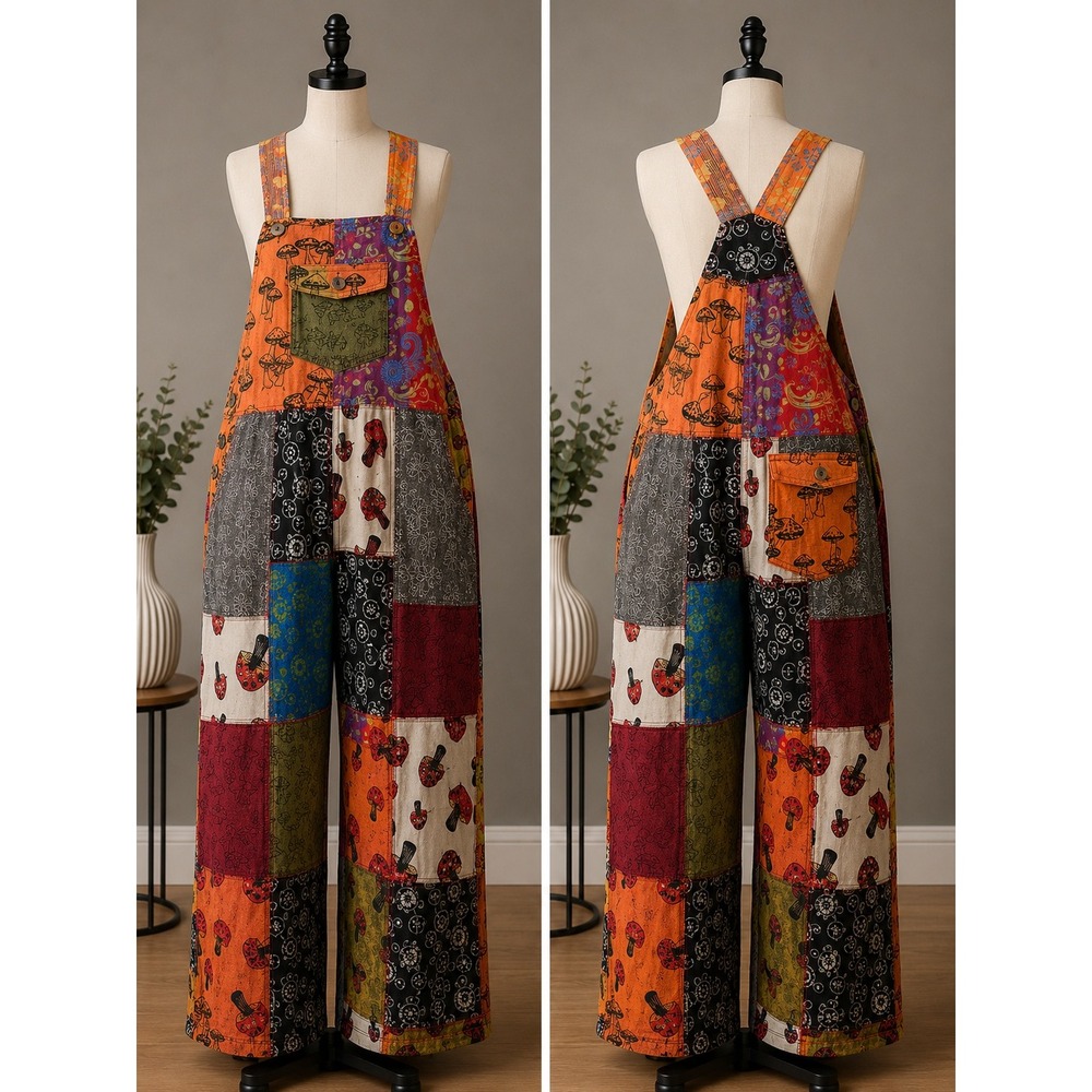 NWT Karma Handicrafts Nepal Patchwork Overalls 3XL Mushroom Cottagecore